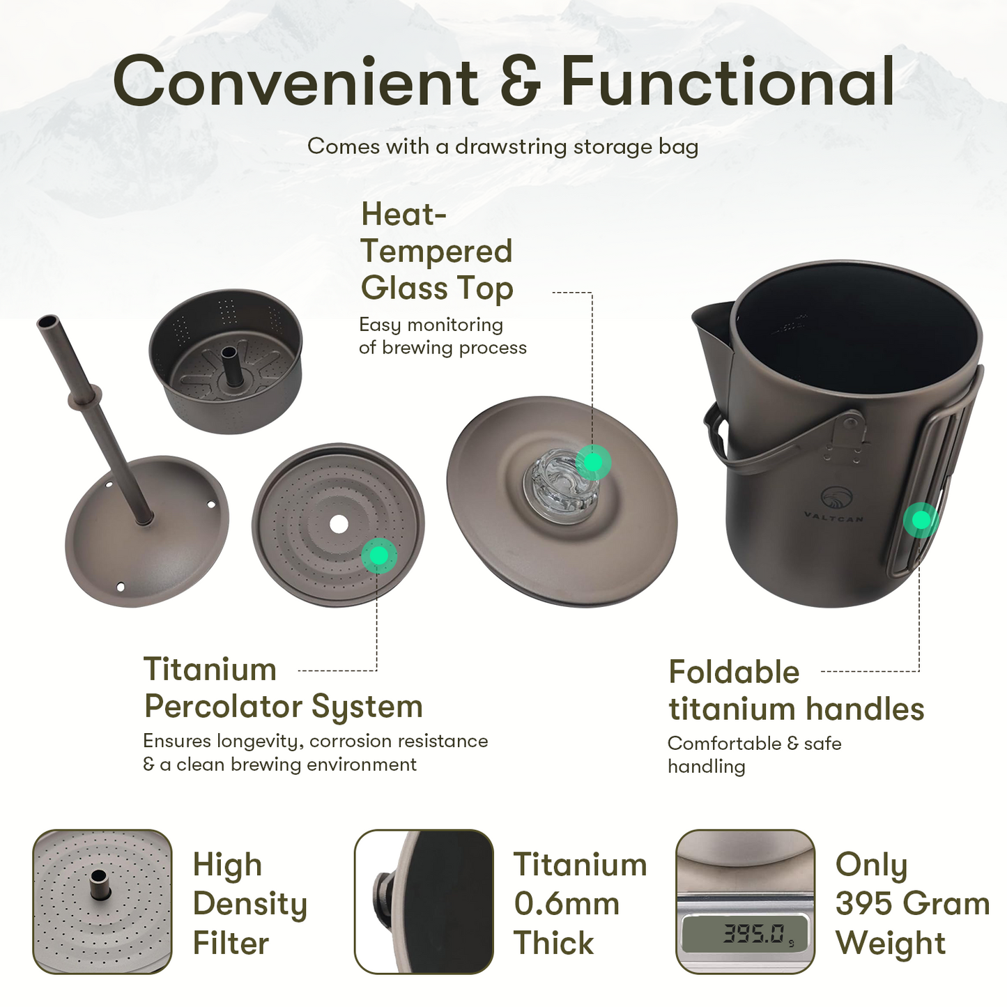Valtcan Titanium Percolator Camping Coffee Maker Pot 1.5L Filter Brew Ultralight Weight Kettle Camping Kettle 50.7 oz Capacity 395g