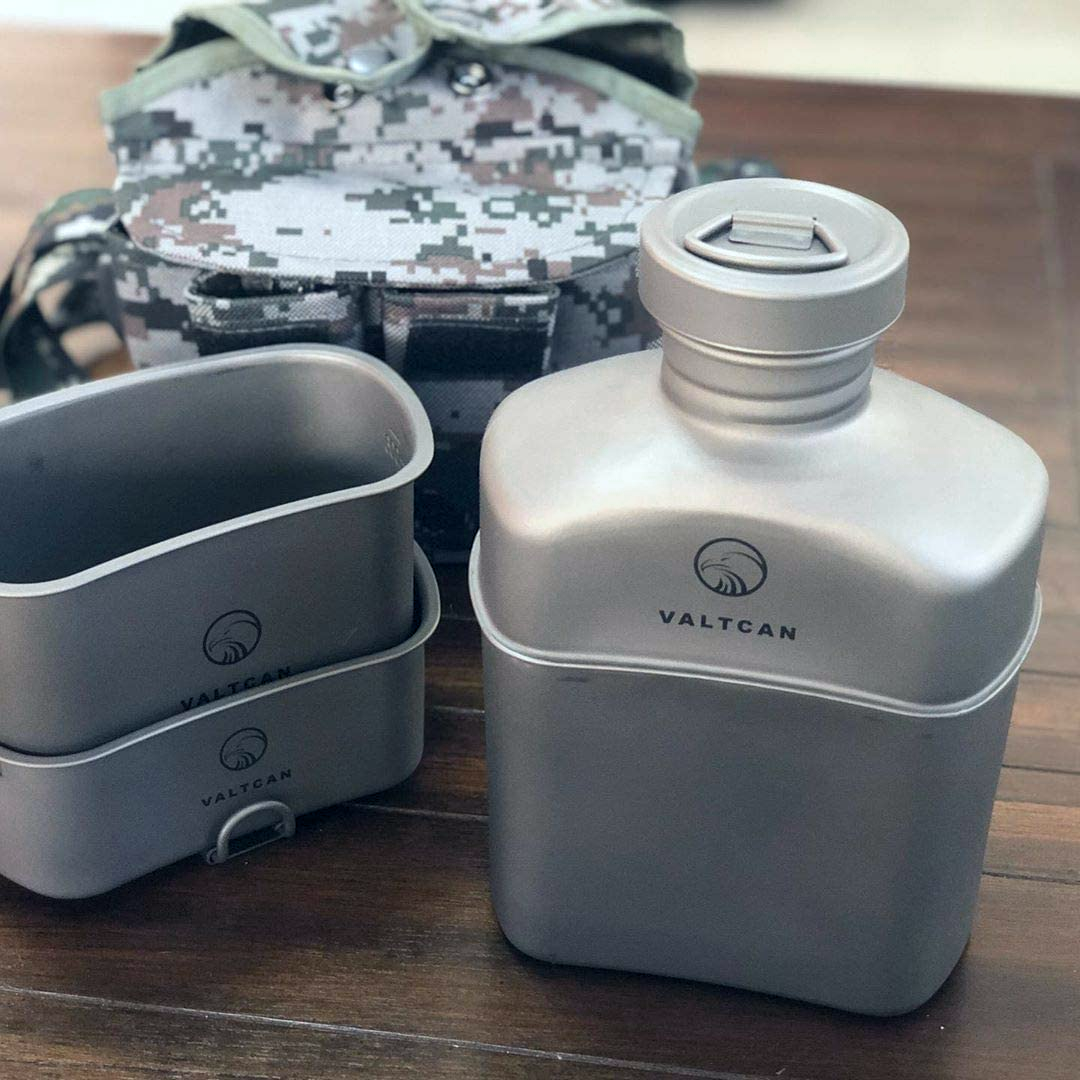 Valtcan Titanium EndurePro Kantine mit Kochgeschirr, Wasserflaschen-Set, Hydrate for Survival, 1,1 l, 750 ml, 400 ml, Lunchbox-Becher mit Deckel und Tragetasche 350 g