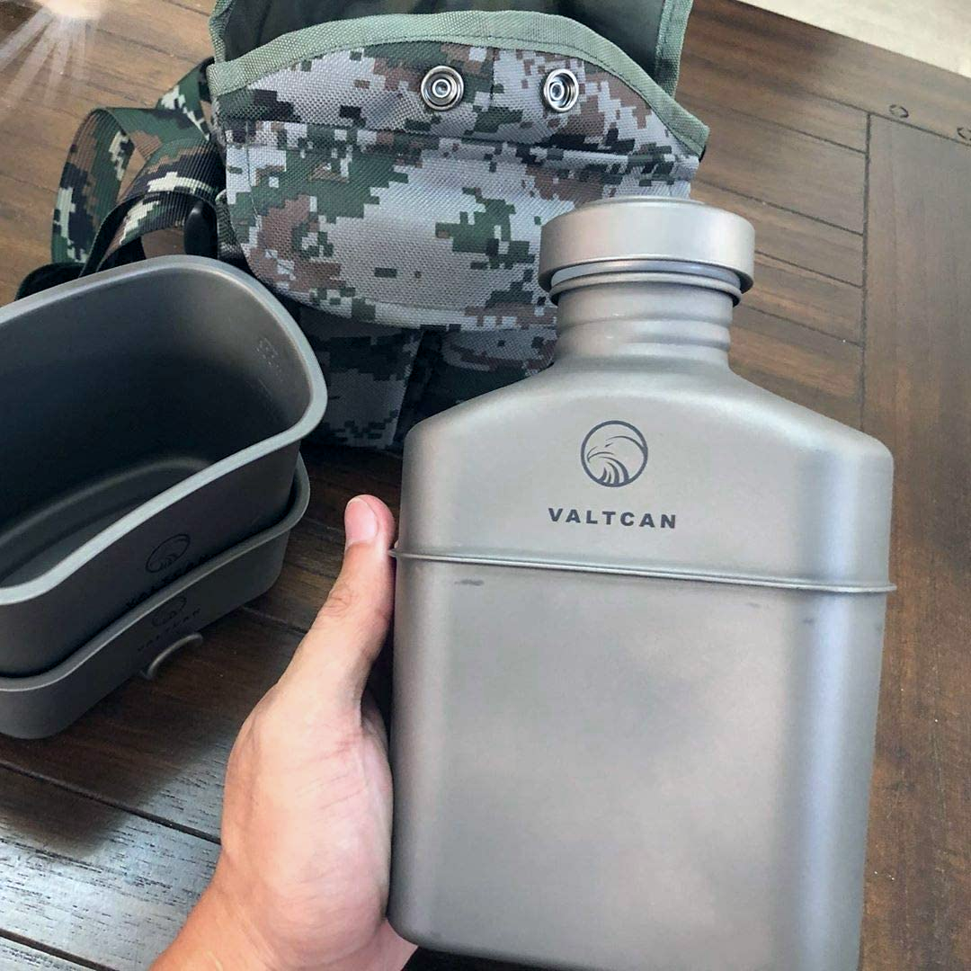 Valtcan Titanium EndurePro Kantine mit Kochgeschirr, Wasserflaschen-Set, Hydrate for Survival, 1,1 l, 750 ml, 400 ml, Lunchbox-Becher mit Deckel und Tragetasche 350 g