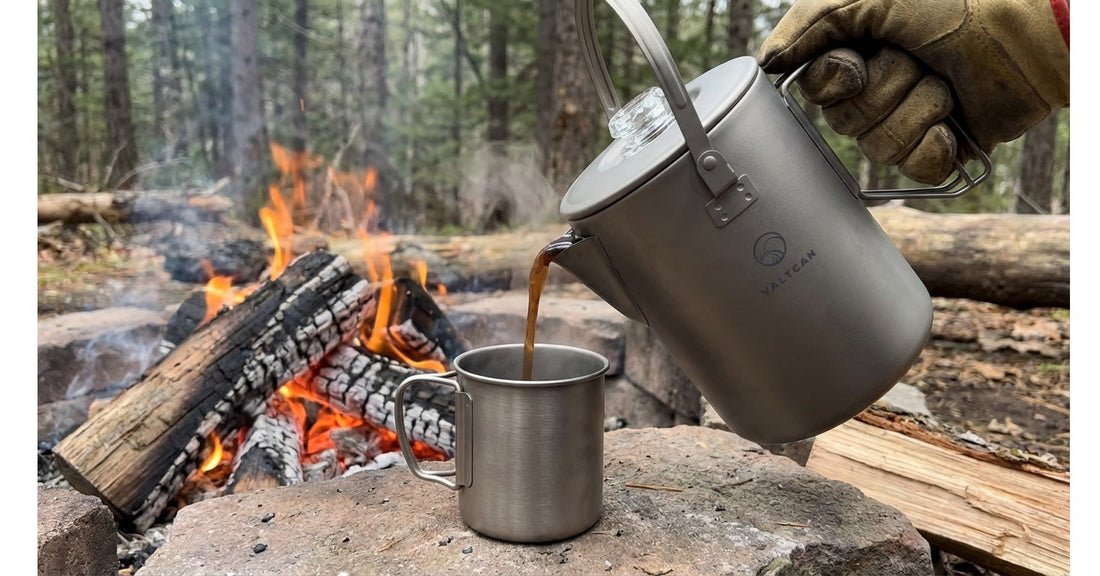 Valtcan Titanium Percolator pouring coffee into cup at camp