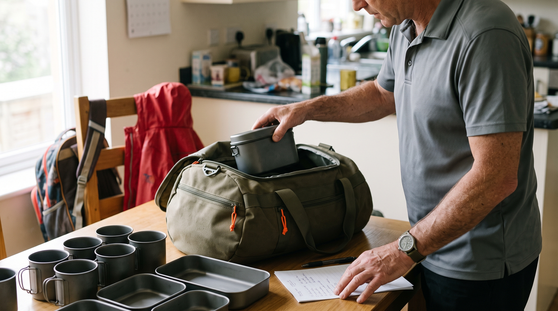 A man packing plain metal mess tins and cups into an olive duffel on a kitchen table, a child's jacket on the chair behind him
