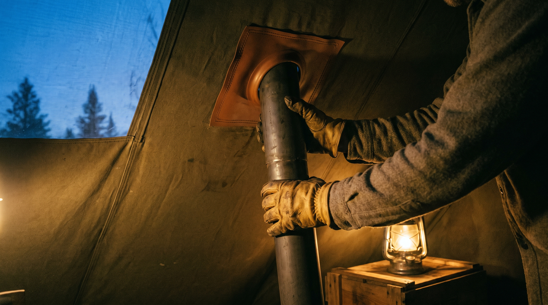 Gloved hands guiding a stove pipe through a canvas hot tent stove jack at dusk