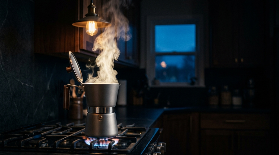 Valtcan titanium moka pot on a kitchen counter at dusk