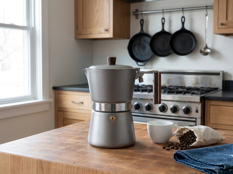 Valtcan titanium moka pot on a kitchen counter