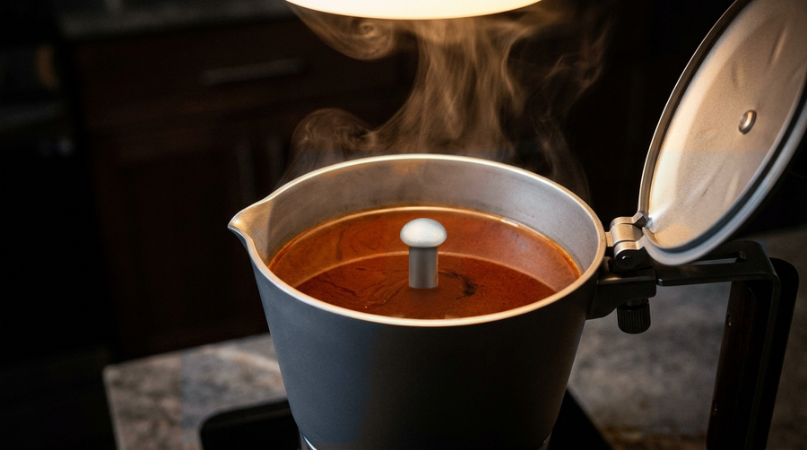 Coffee rising in an open titanium moka pot