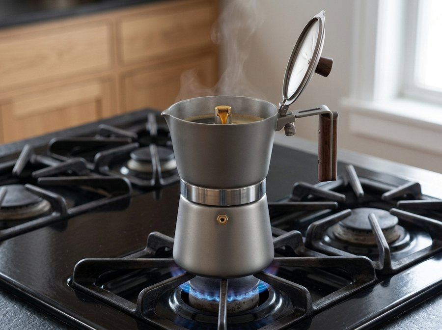 Titanium moka pot brewing on a stovetop burner