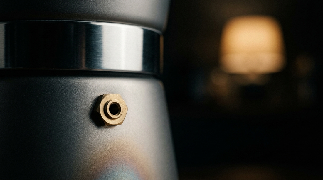 Valtcan titanium moka pot brass safety valve close up