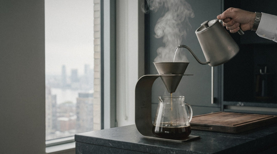 Hand pouring from a gooseneck kettle into the Valtcan titanium pour over set at dawn in a city kitchen