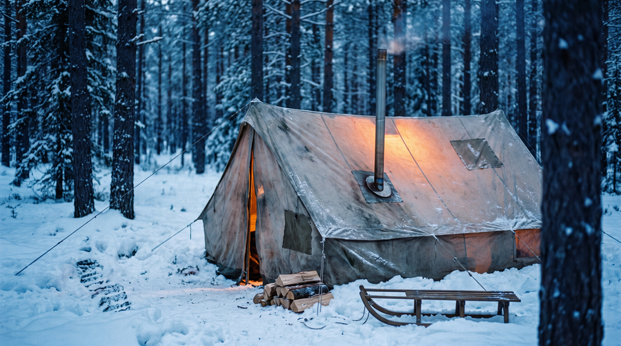 Canvas hot tent glowing at blue hour in a snowy pine forest with a titanium stove pipe through the stove jack