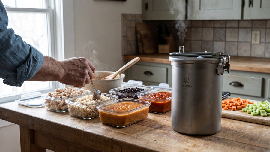 Valtcan titanium pressure pot on a butcher-block counter beside glass meal prep containers of rice, chicken, beans and sauce