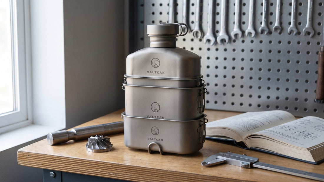 Valtcan titanium canteen mess kit nested as one stack on an inspection bench beside a titanium turbine blade, calipers and a reference book