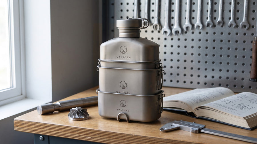 Valtcan titanium canteen mess kit nested as one stack on an inspection bench beside a titanium turbine blade, calipers and a reference book