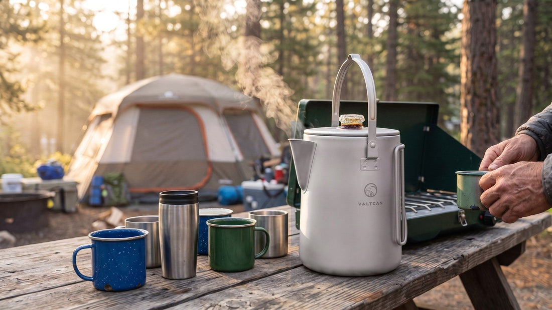 Titanium percolator brewing coffee over a campfire for a group