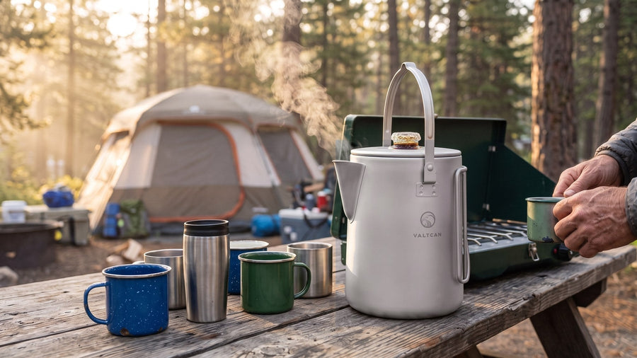 Titanium percolator brewing coffee over a campfire for a group