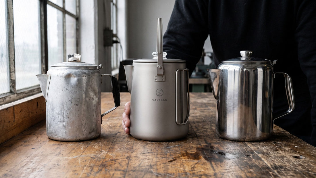 Titanium, aluminum and stainless steel percolators side by side