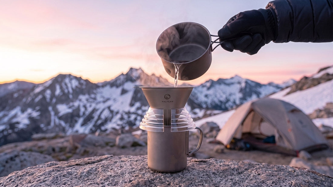 Pour over coffee brewing at a campsite
