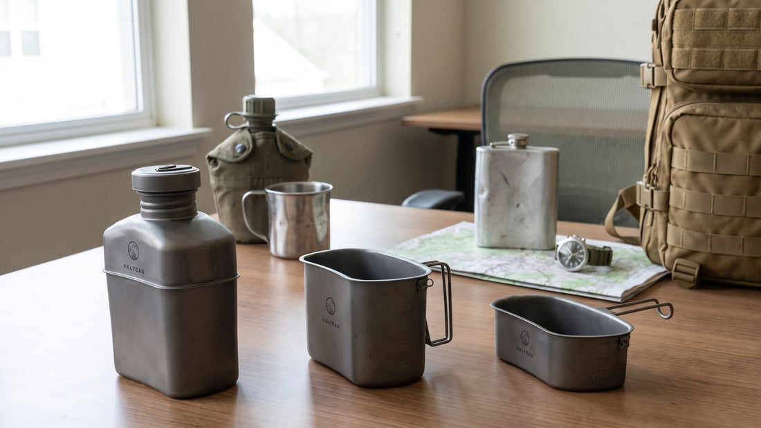 Valtcan titanium canteen, 750ml cup and 400ml cup in a row on a home office desk in front of a surplus USGI canteen, an aluminum flask, a map and a coyote tan pack
