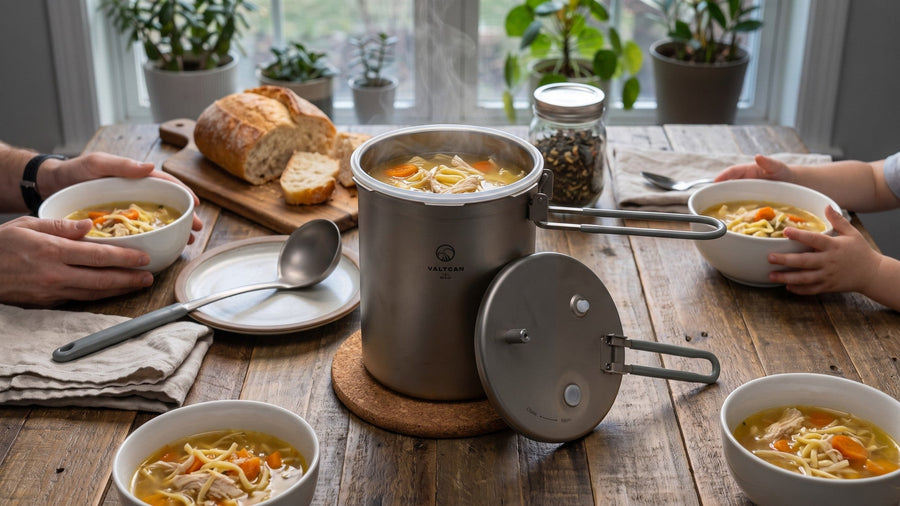 Valtcan titanium pressure pot open on a family dinner table, lid off and handles out, chicken noodle soup inside and four bowls served
