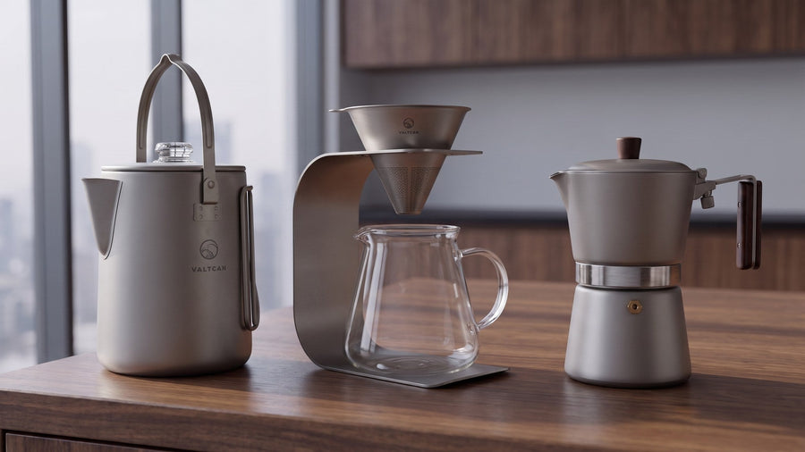 Valtcan titanium coffee makers: percolator, pour over set and moka pot