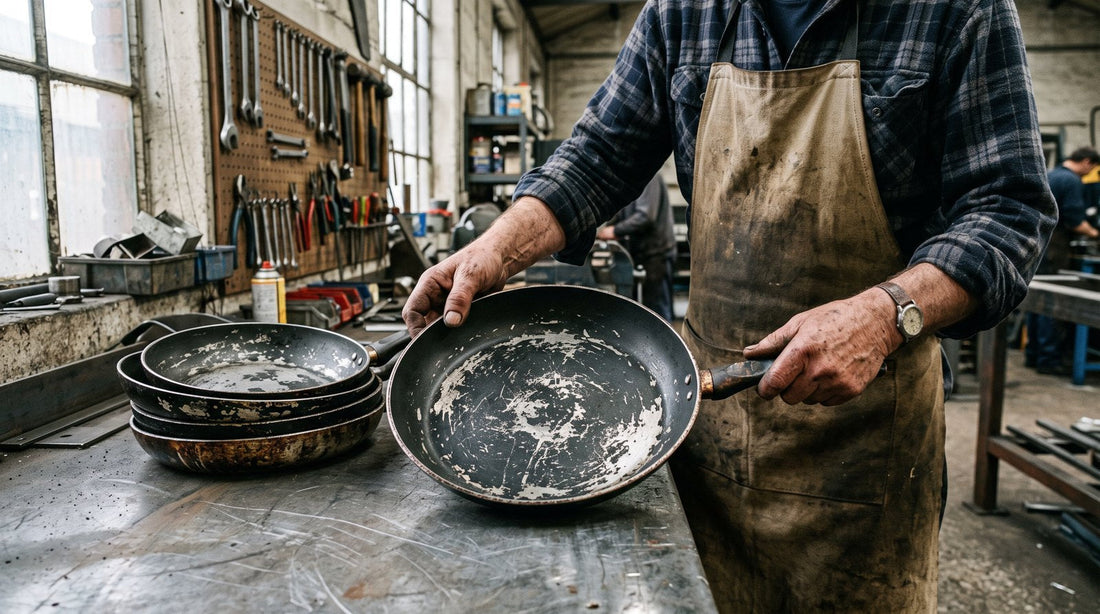 Weathered hands holding a worn nonstick pan with flaking coating over a workbench