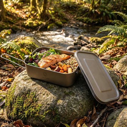 Metal lunch box with food on a rock in a forest setting