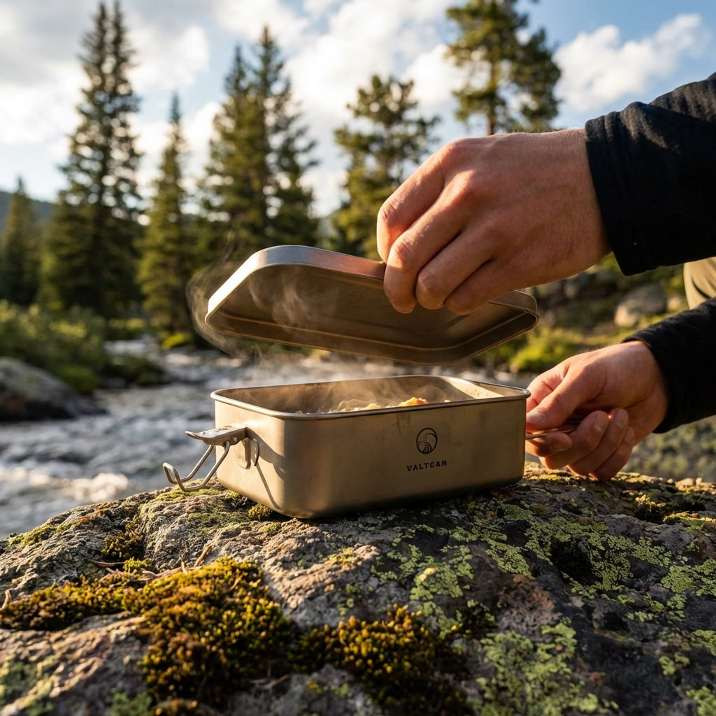 Reheat Over Fire. Same Box. 1200ml Titanium Bento · Airtight leakproof seal · Reheatable on open flame · 9 oz