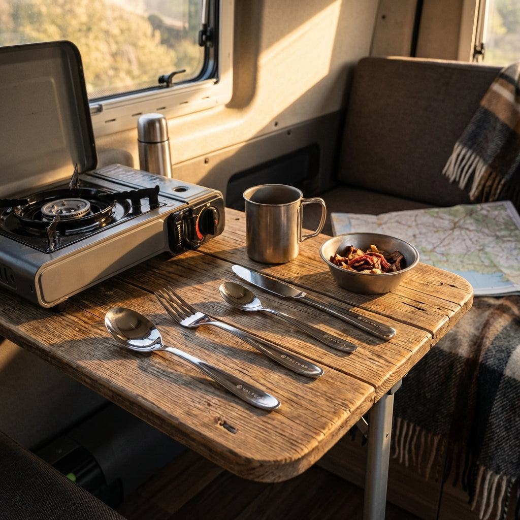 Valtcan Titanium Fork Spoon Knife Teaspoon Kitchen Flatware Long Dinner Size Travel Utensils Set 105g