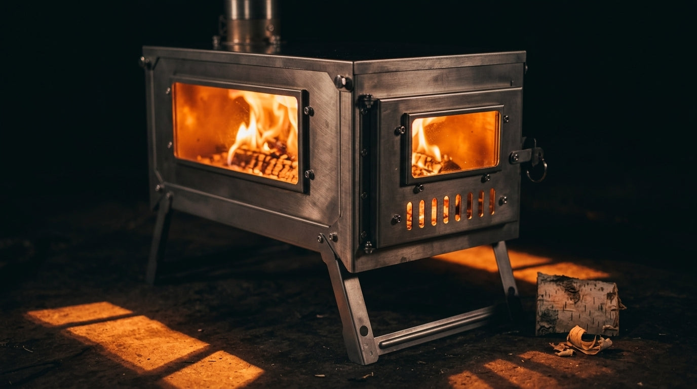 Titanium Hot Tent Stove Watch the Fire, Feel the Warmth · Dual Glass Windows · Nested Chimney · 7.9 lbs Full Titanium