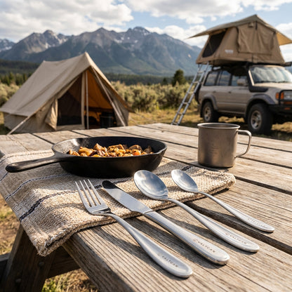 Valtcan Titanium Fork Spoon Knife Teaspoon Kitchen Flatware Long Dinner Size Travel Utensils Set 105g