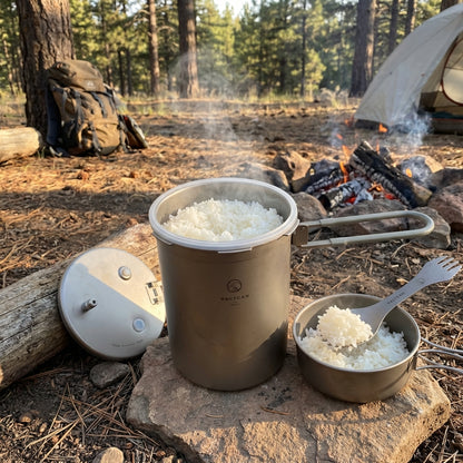Camping scene with a pot of rice on a rock, surrounded by nature.