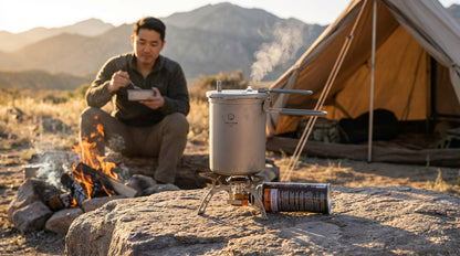Person camping in the desert with a tent, campfire, and cooking setup.