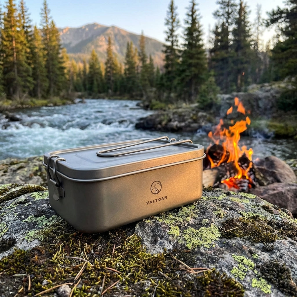 Reheat Over Fire. Same Box. 1200ml Titanium Bento · Airtight leakproof seal · Reheatable on open flame · 9 oz