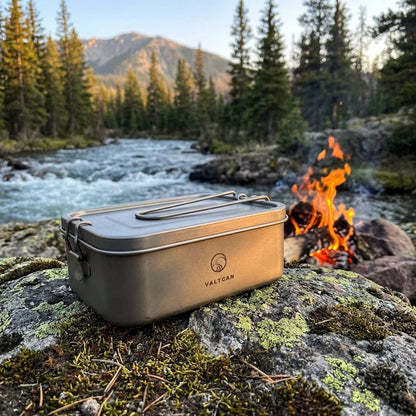 Reheat Over Fire. Same Box. 1200ml Titanium Bento · Airtight leakproof seal · Reheatable on open flame · 9 oz