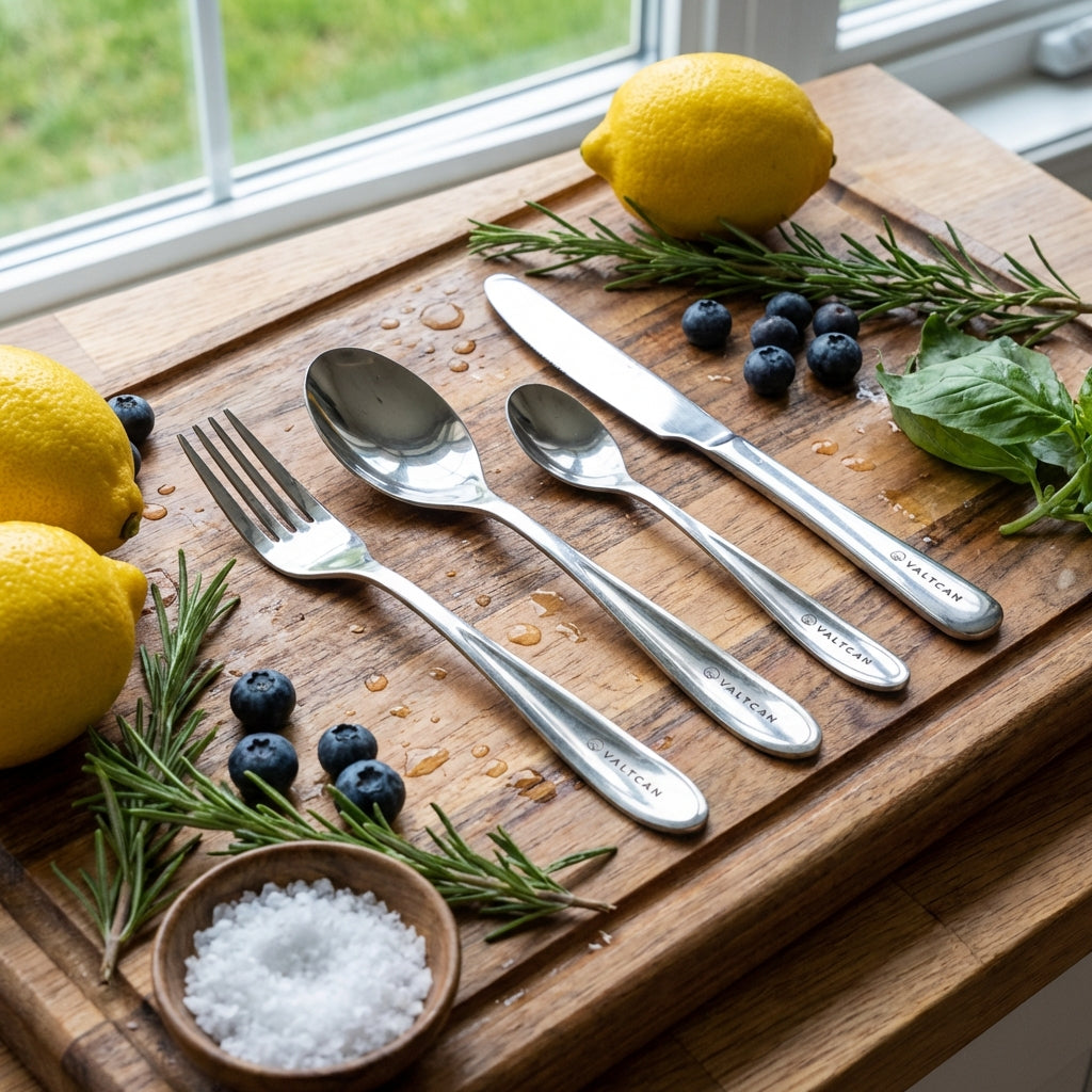 Valtcan Titanium Fork Spoon Knife Teaspoon Kitchen Flatware Long Dinner Size Travel Utensils Set 105g