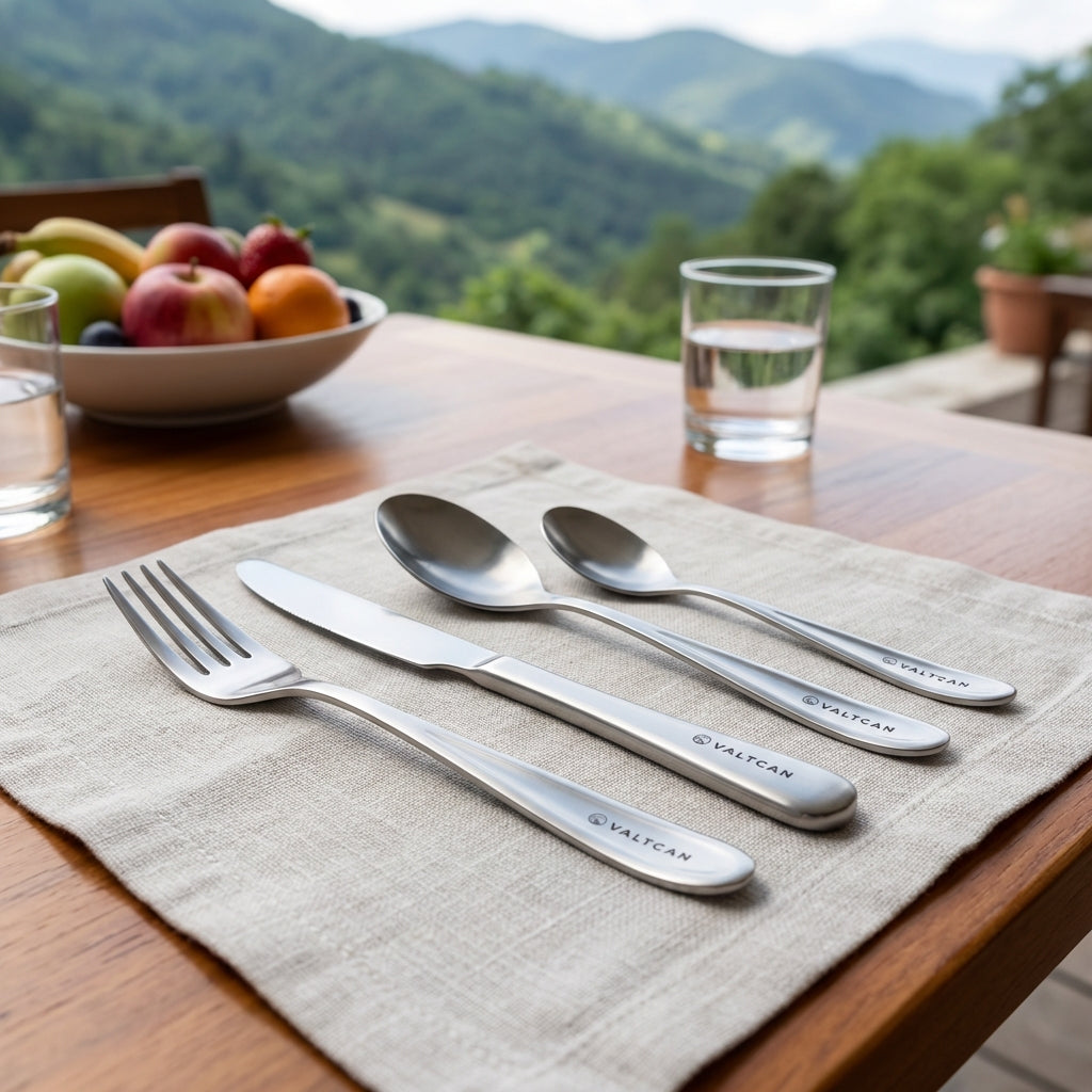 Silver cutlery set on a placemat with a scenic background