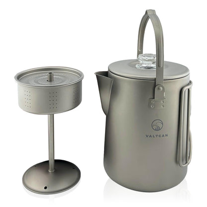 Valtcan Titanium percolator with filter basket and stand on a white background