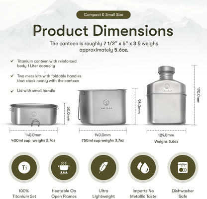 Valtcan Titanium EndurePro Canteen with Mess kit Water Bottle Set Hydrate for Survival 1.1L, 750ml, 400ml 350g