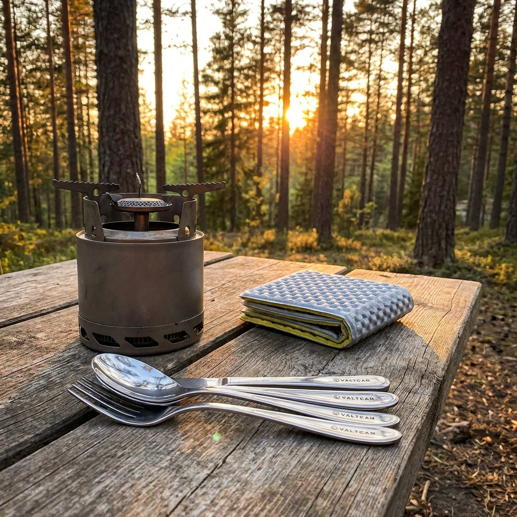 Camping stove, utensils, and towel on a wooden table with a forest background during sunset.