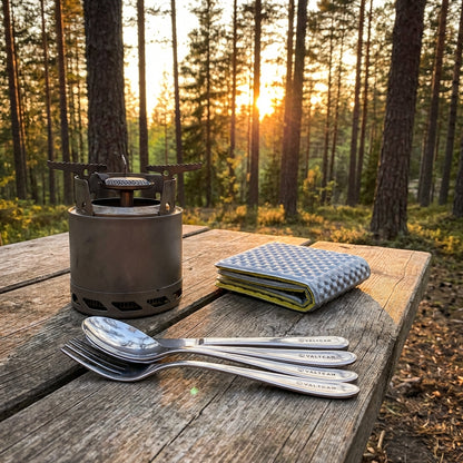 Camping stove, utensils, and towel on a wooden table with a forest background during sunset.
