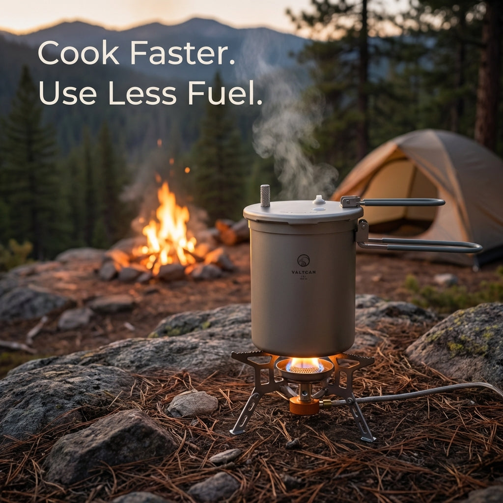 Camping stove with fire and tent in the background, text 'Cook Faster. Use Less Fuel.'