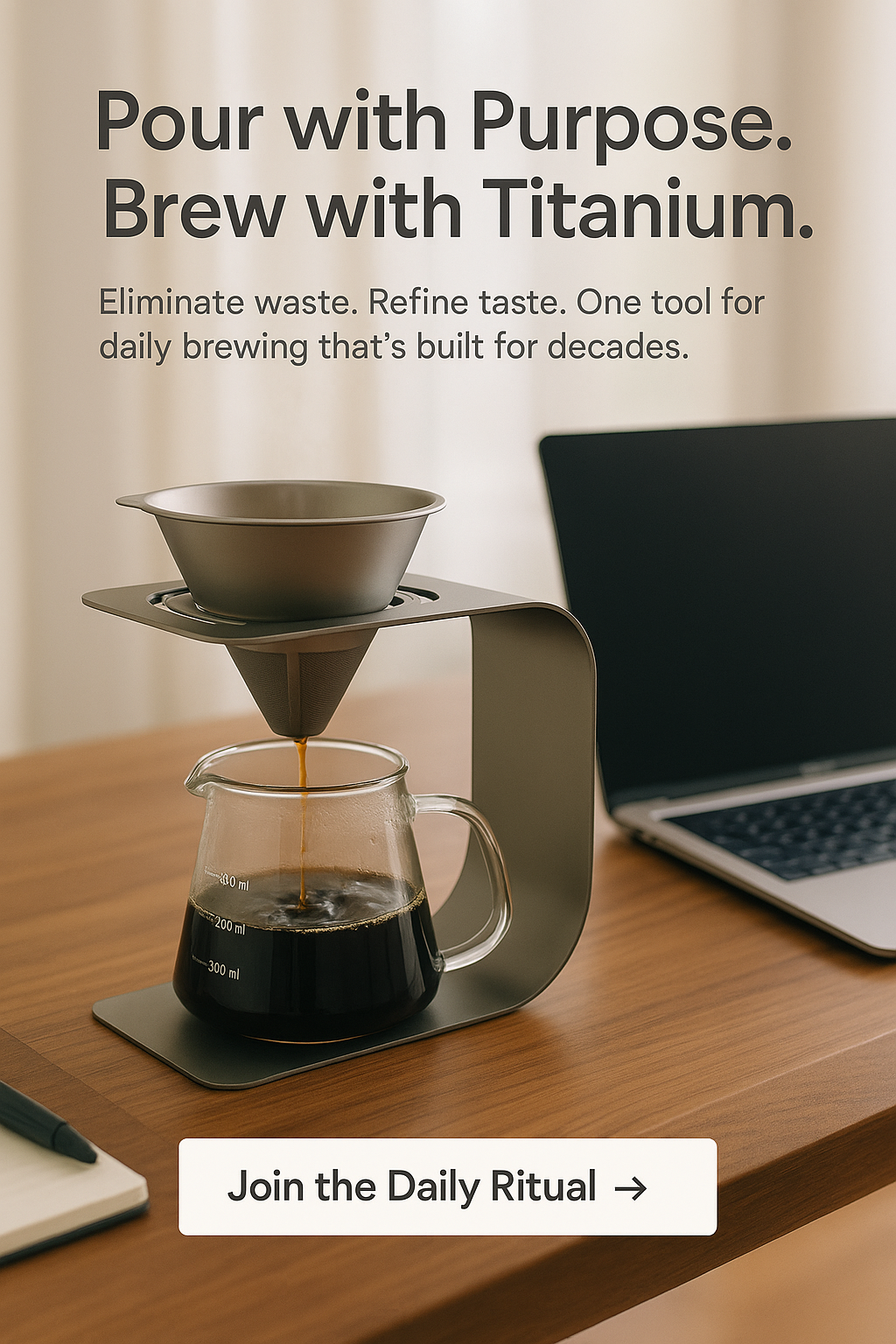 Valtcan Titanium Pour Over Coffee Maker Set – Reusable Metal Filter, Cone Dripper, Mug Stand – Ultralight, Durable, No Plastic, for Camping, Hiking, Home or Office Brewing