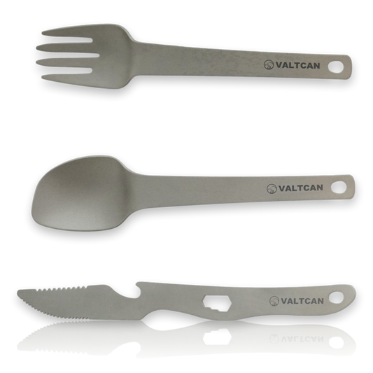 Valtcan Titanium 3-teiliges Utensil, Gabel, Löffel, Messer, ultrakompaktes Tragedesign-System, 63 g 