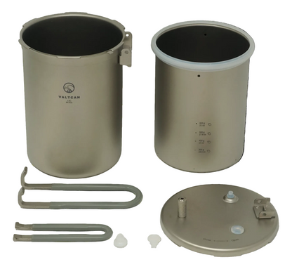 Set of metal containers and components on a white background