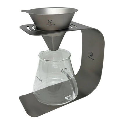 Valtcan titanium pour over coffee set with glass carafe on a white background