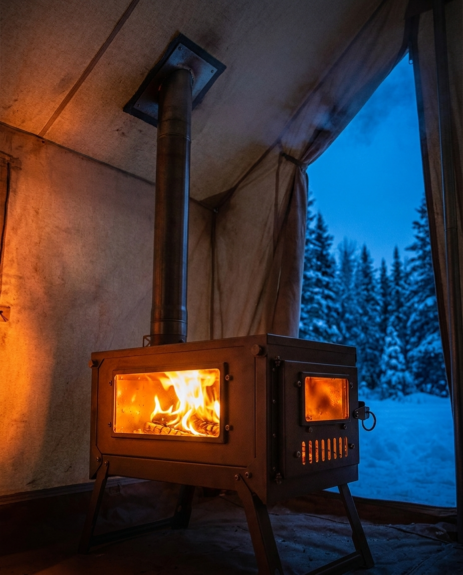 Titanium Hot Tent Stove Watch the Fire, Feel the Warmth · Dual Glass Windows · Nested Chimney · 7.9 lbs Full Titanium