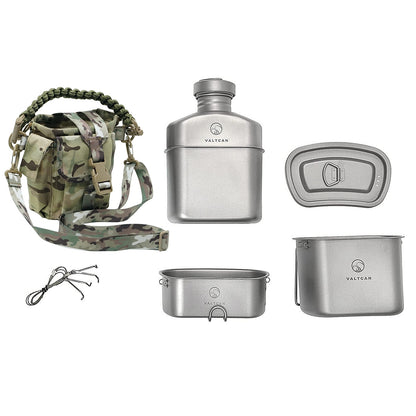 Valtcan Titanium EndurePro Canteen with Mess kit Water Bottle Set Hydrate for Survival 1.1L, 750ml, 400ml 350g