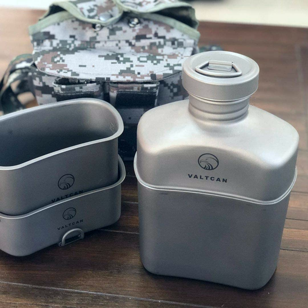 Valtcan Titanium EndurePro Canteen with Mess kit Water Bottle Set Hydrate for Survival 1.1L, 750ml, 400ml Lunchbox cup with lid and Carrying Case